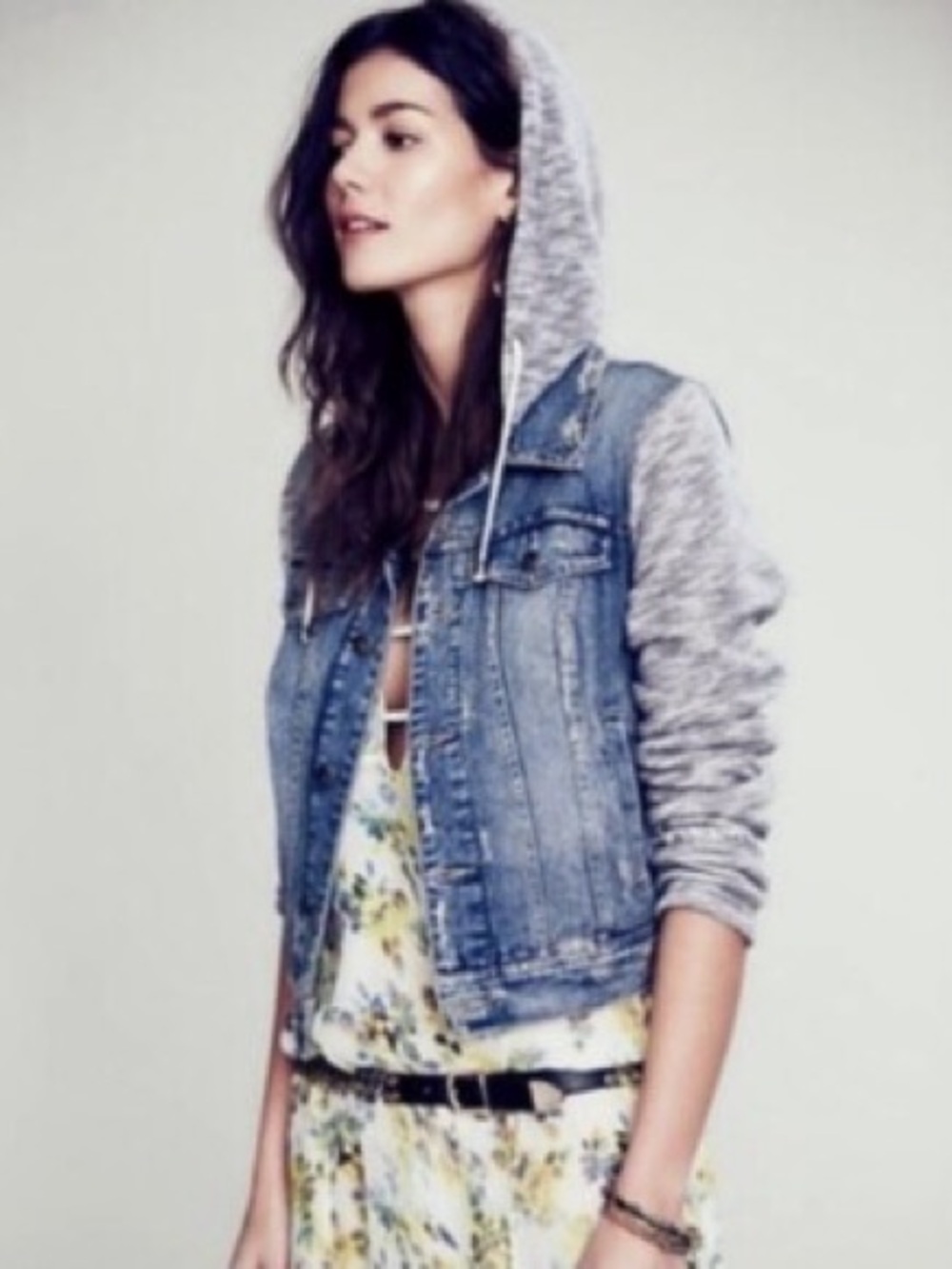 Free People Hooded Knit and Denim Layered Jacket